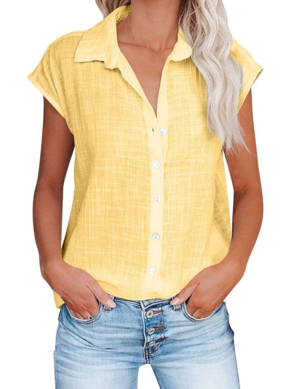Summer Shirts for Women Trendy 2025 Cotton Linen Button Down Tops Casual Cap Sle